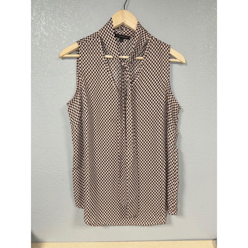 Adrianna Papell Womens Medium Pink Black Check Sleeveless Tie Neck Blouse Top